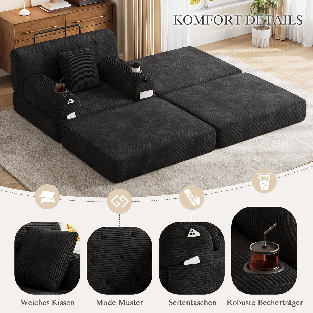 SCHLAFSOFA mit Hocker und Liegefunktion aus Cord mit Getränkehaltern - Schwarz, Textil (191/60/162cm) - EVRYAE