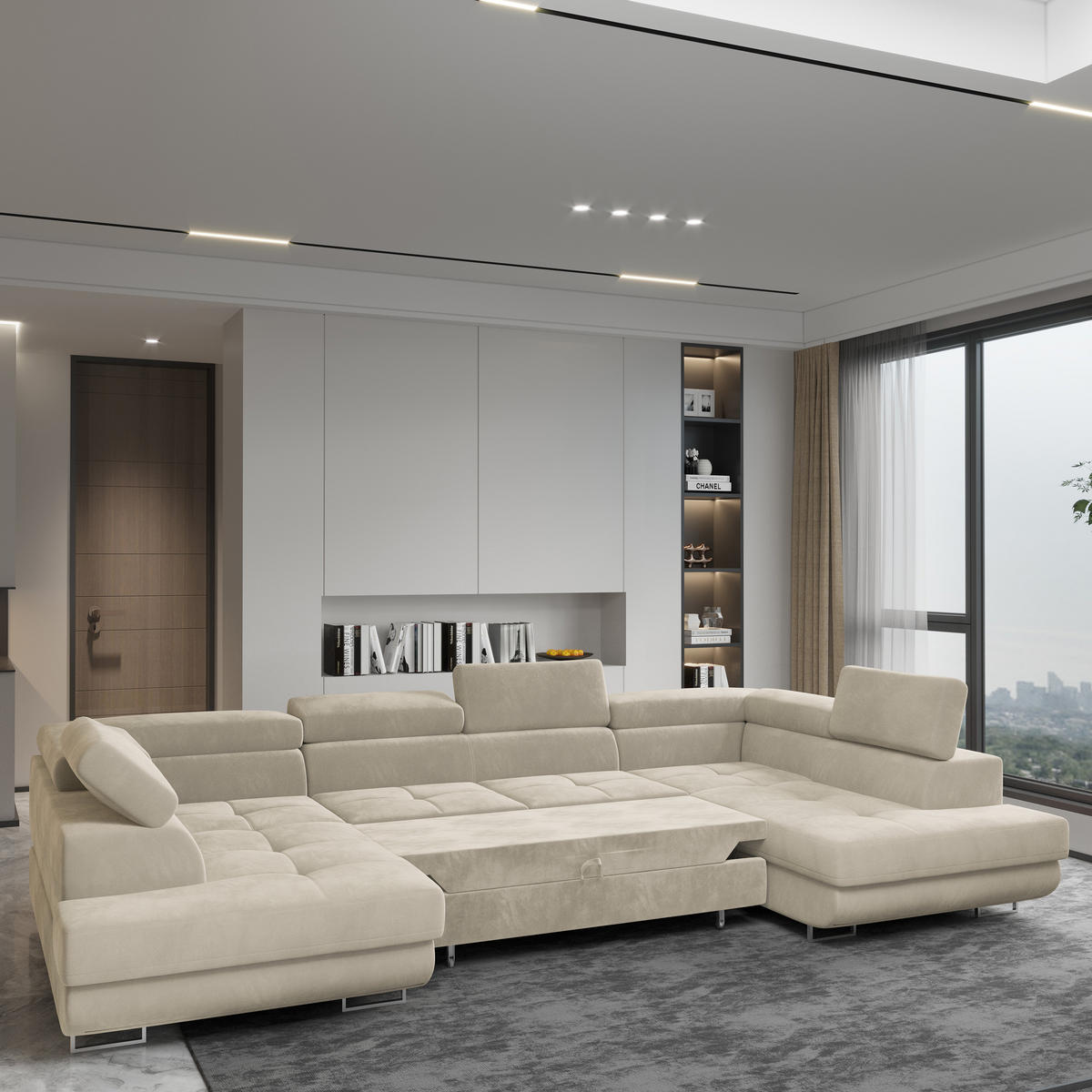 WOHNLANDSCHAFT RAGGIO Creme Velours-Stoff mit Schlaffunktion - Creme, Holz (336/90/202cm) - MASSENO