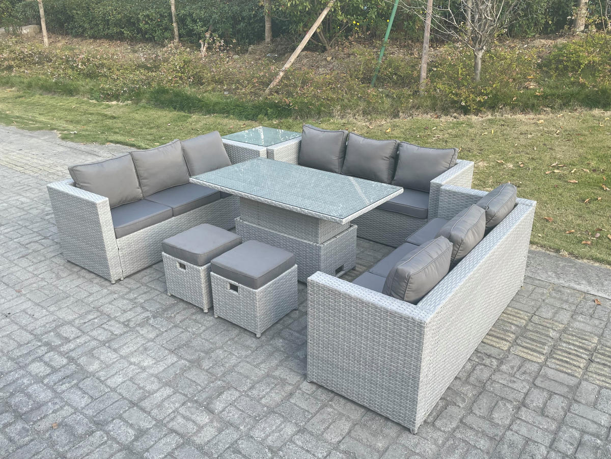 GARTENMÖBEL SET Polyrattan Helles Grau 7-teilige - Hellgrau, Metall - Fimous
