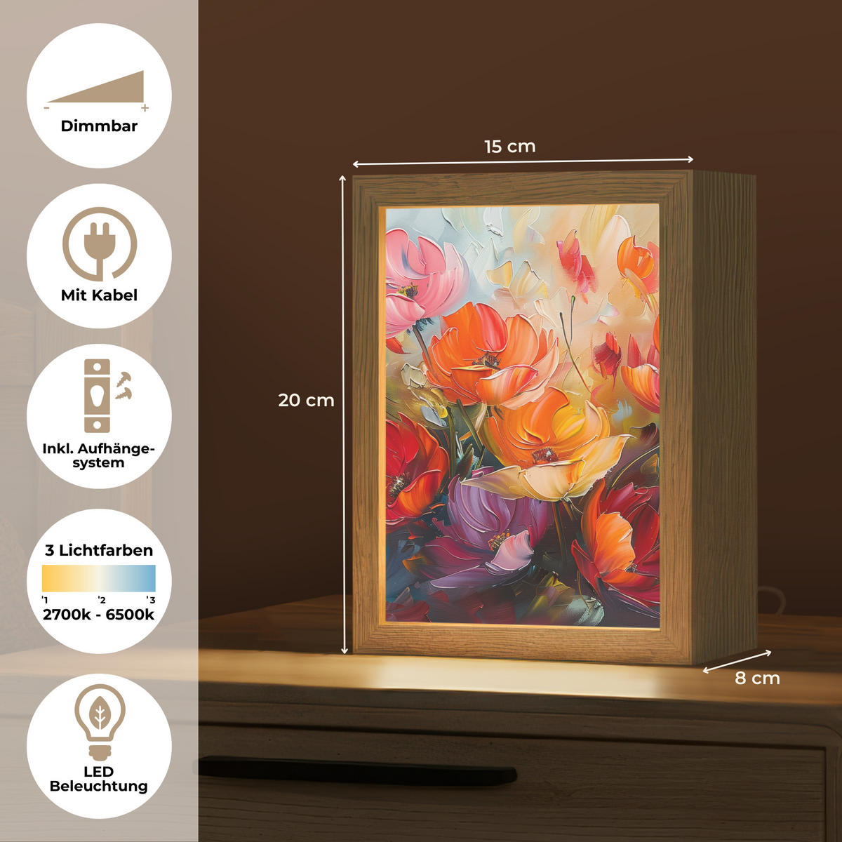 STOLNÍ LAMPA Květiny - barevné - malba - abstraktní - umění 15x20 cm - barva hliníku, kompozitní dřevo (8/15/20cm) - OnlyWow