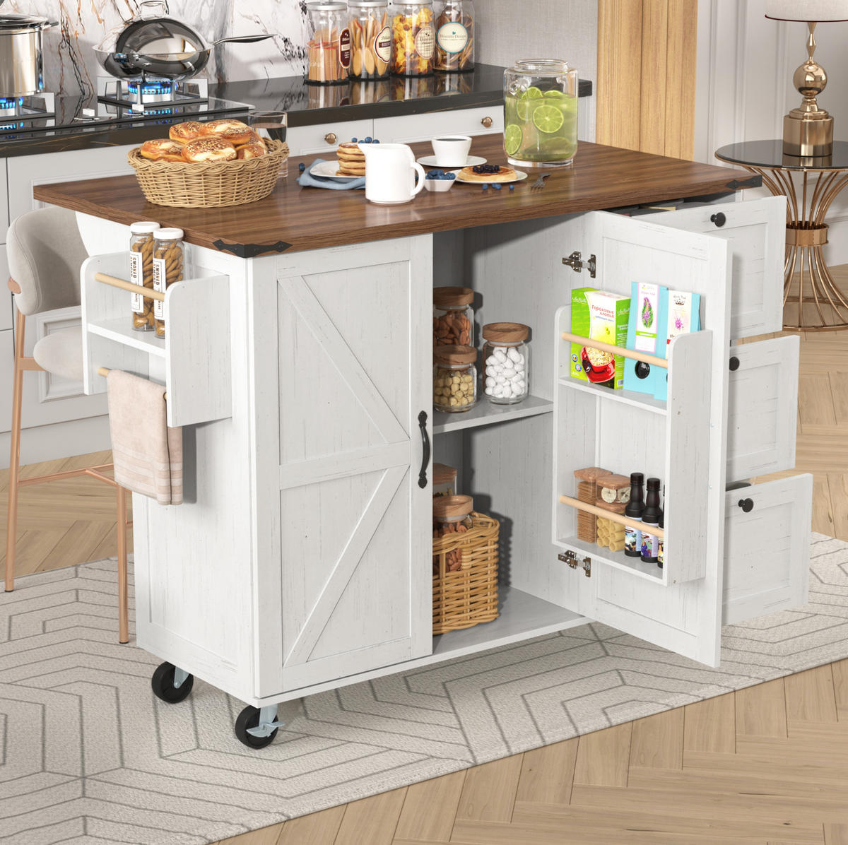 KÜCHENINSEL 140/45/92,5 cm beige mit klappbarer Arbeitsplatte - Weiß, Holzwerkstoff (140/92.5/73cm) - OKWISH