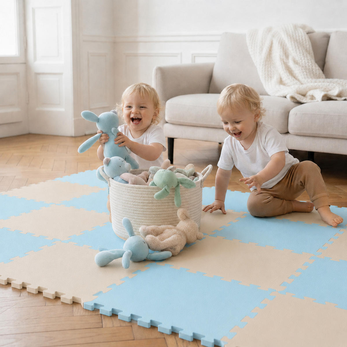 SPIELMATTE ab Null - 180/90/1 cm Puzzlematte Beige - Beige/Hellblau, Kunststoff (30/30cm) - Littletom