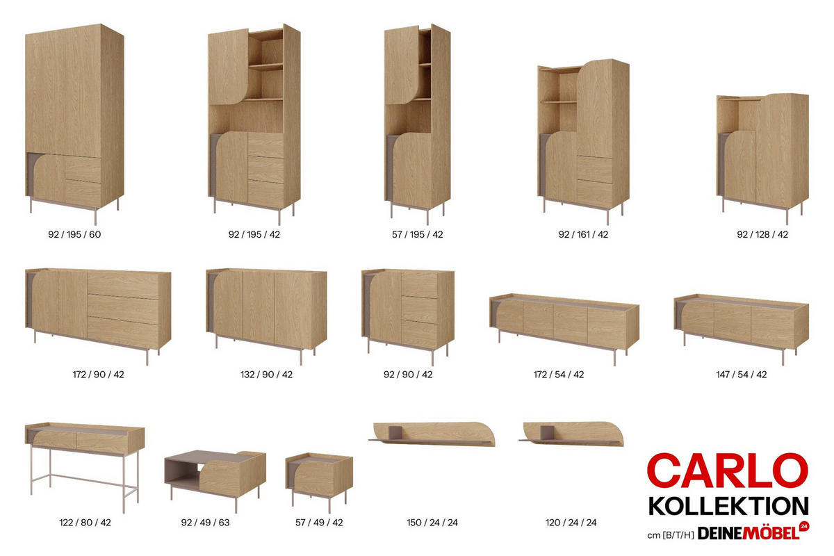 HOCHKOMMODE CARLO 04 92/161/42 cm in Frühlingseiche / Toffee - Eichefarben, Holzwerkstoff (92/161/42cm) - Deine Möbel 24