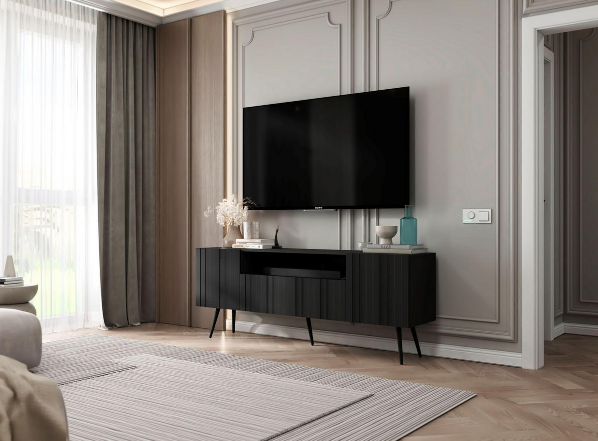 TV-SCHRANK Elpis Schwarz Matt mit Metallbeine Glamour 150 cm - Schwarz, Holzwerkstoff/Metall (150/60.5/36.5cm) - Meble Lindner