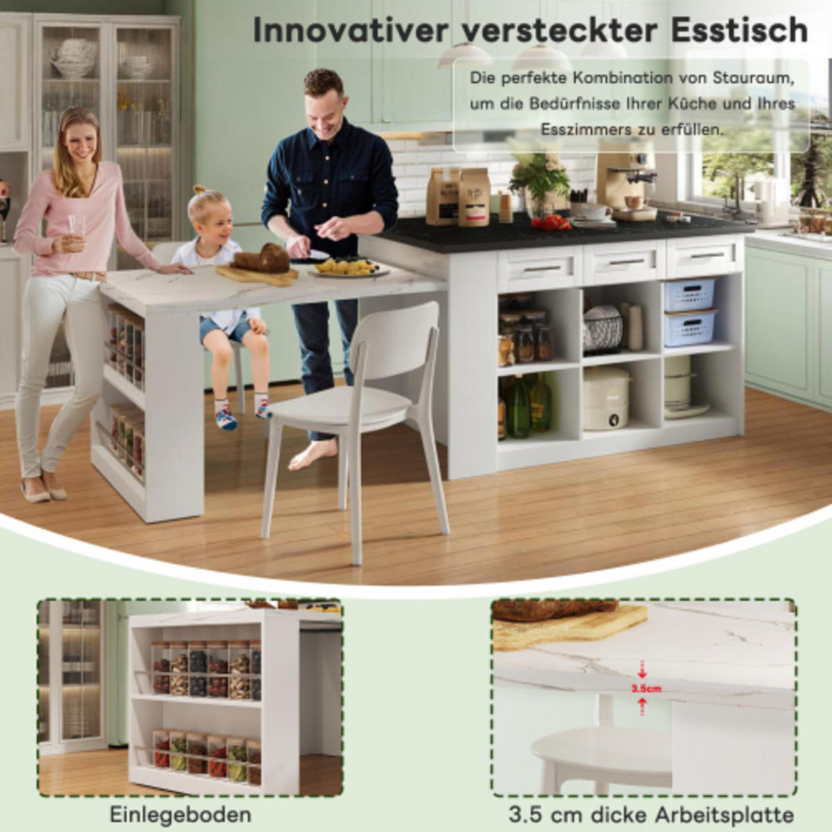 KÜCHENINSEL Weiß aus MDF mit integriertem ausziehbarem Esstisch 150 × 90 × 90 cm - Weiß, Holzwerkstoff (150/90/90cm) - Luhomfu