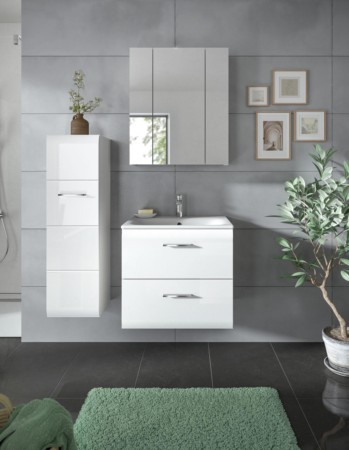 BADEZIMMER 3 tlg. Alba Bad in weiß und weiß hochglanz B/H/T: 105x185x46 cm - Weiß, Holz (105/185/46cm)