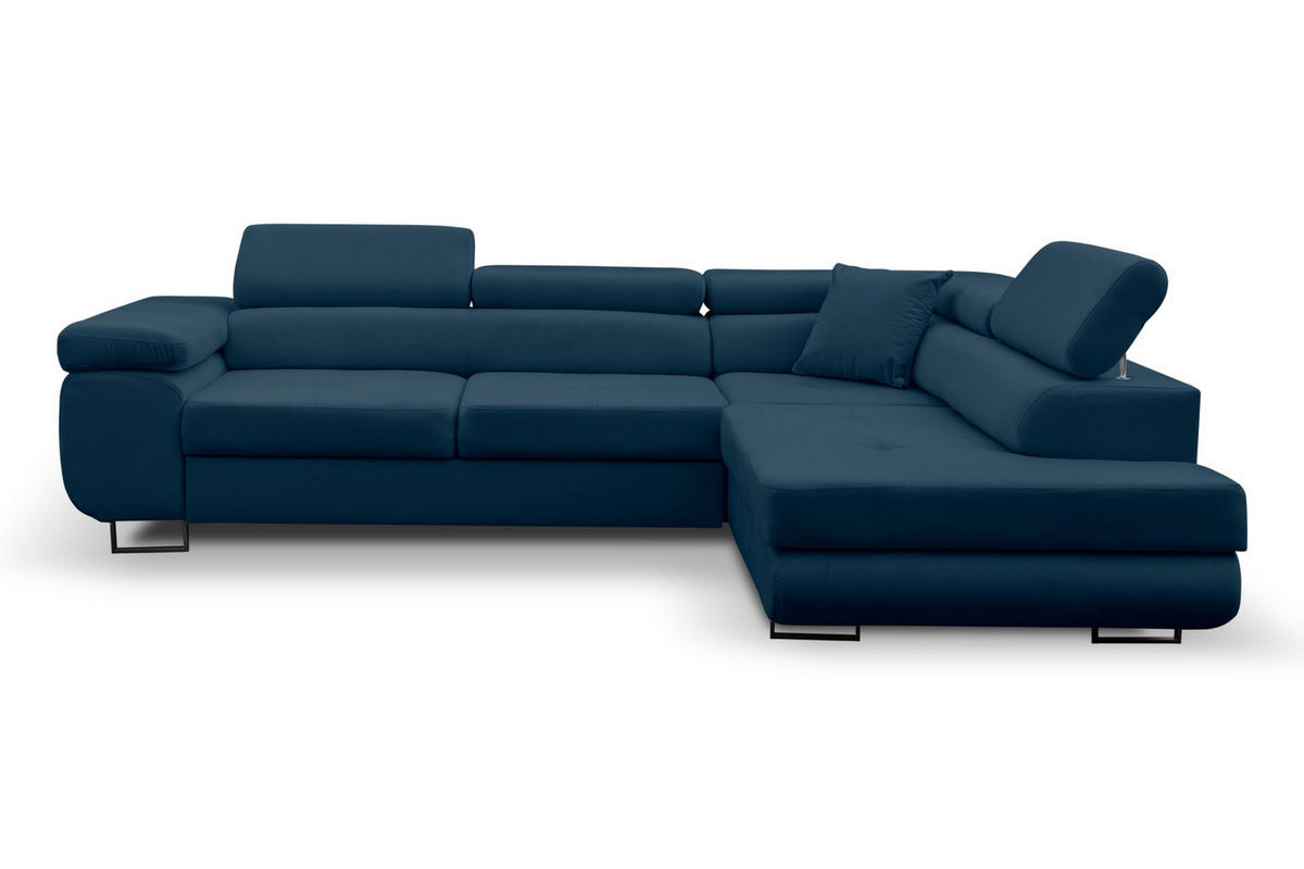 ECKSOFA Jerry in L-Form mit Schlaffunktion und Bettkasten, Farbe: Blau, Veloursstoff, Ottomane Rechts - Blau, Textil (275/202cm) - VENASI MÖBEL