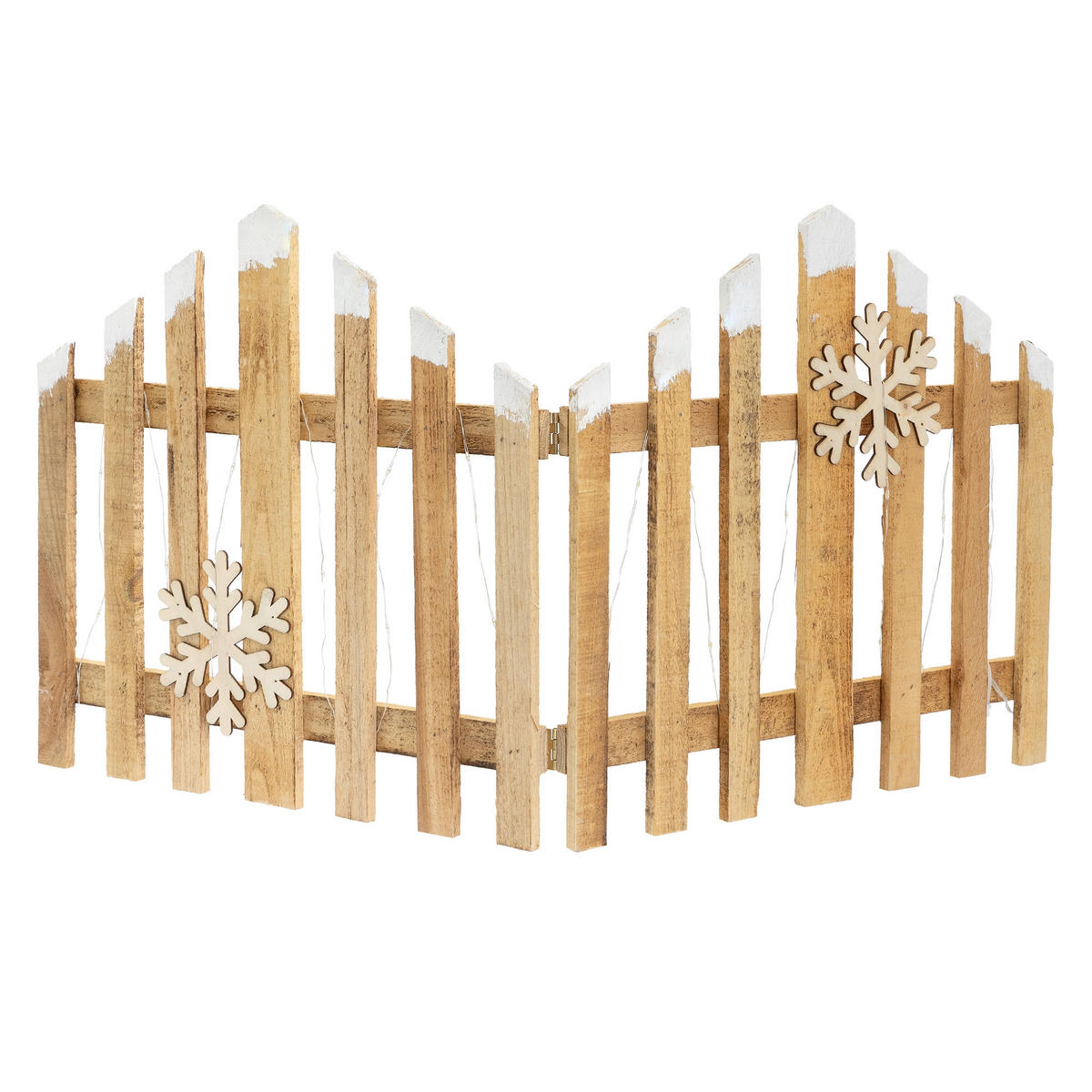 DEKO HOLZ ZAUN Natur 30 LED Warmweiß 77x38 cm mit Schneeflocken - Braun, Holz (77/38/2cm) - ECD-Germany