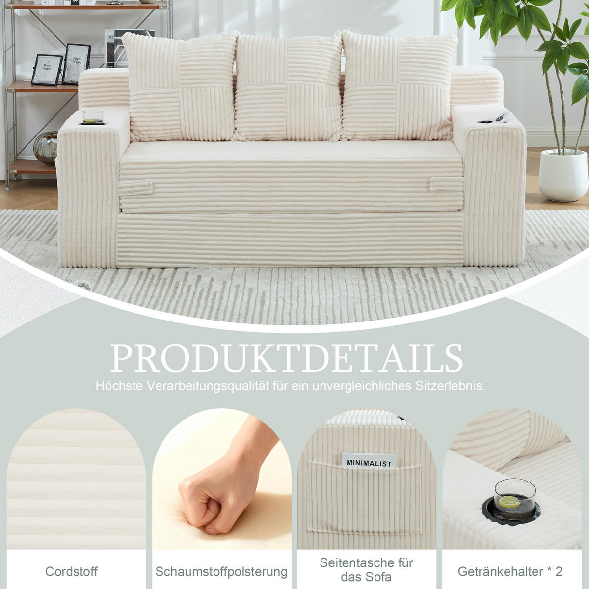 2-SITZER Bodensofa ausklappbar, Getränkehalter/Seitentaschen, Cord, Beige - Beige, Textil (172/64/87cm) - LVHOM