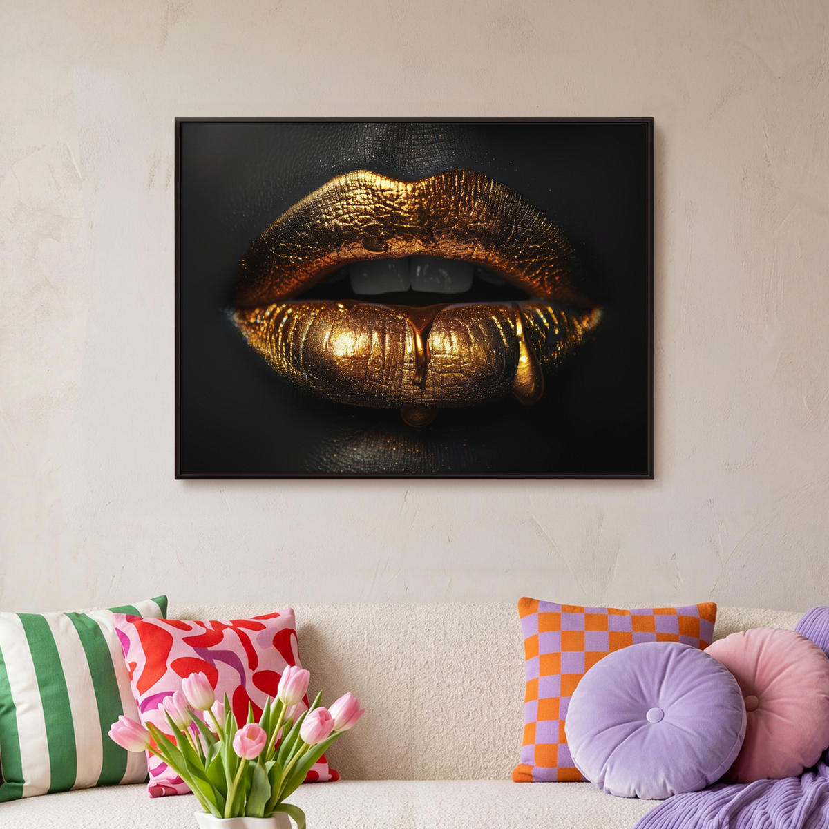 LEINWAND Bilder mit Rahmen - Frau - Porträt - Lippen - Gold - Schwarz - 80x60 - Schwarz, Textil (80/60cm) - MuchoWow