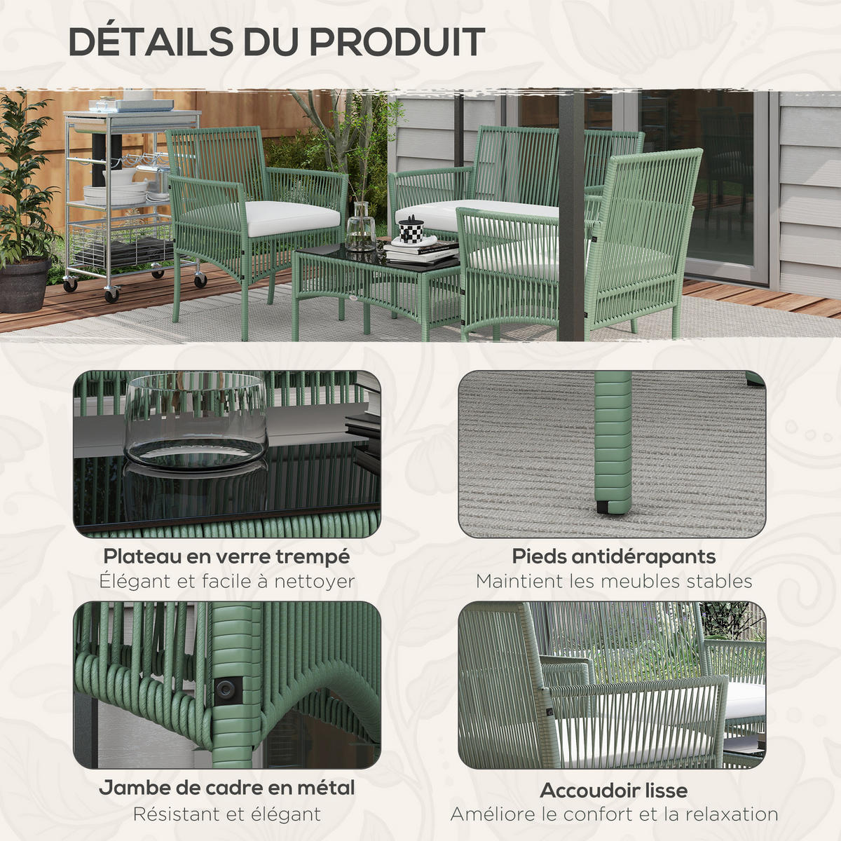 GARTENSET DE-13598 4-teilig mit Glastisch & 5 cm Kissen Natur - Grün, Metall - ComfortXL