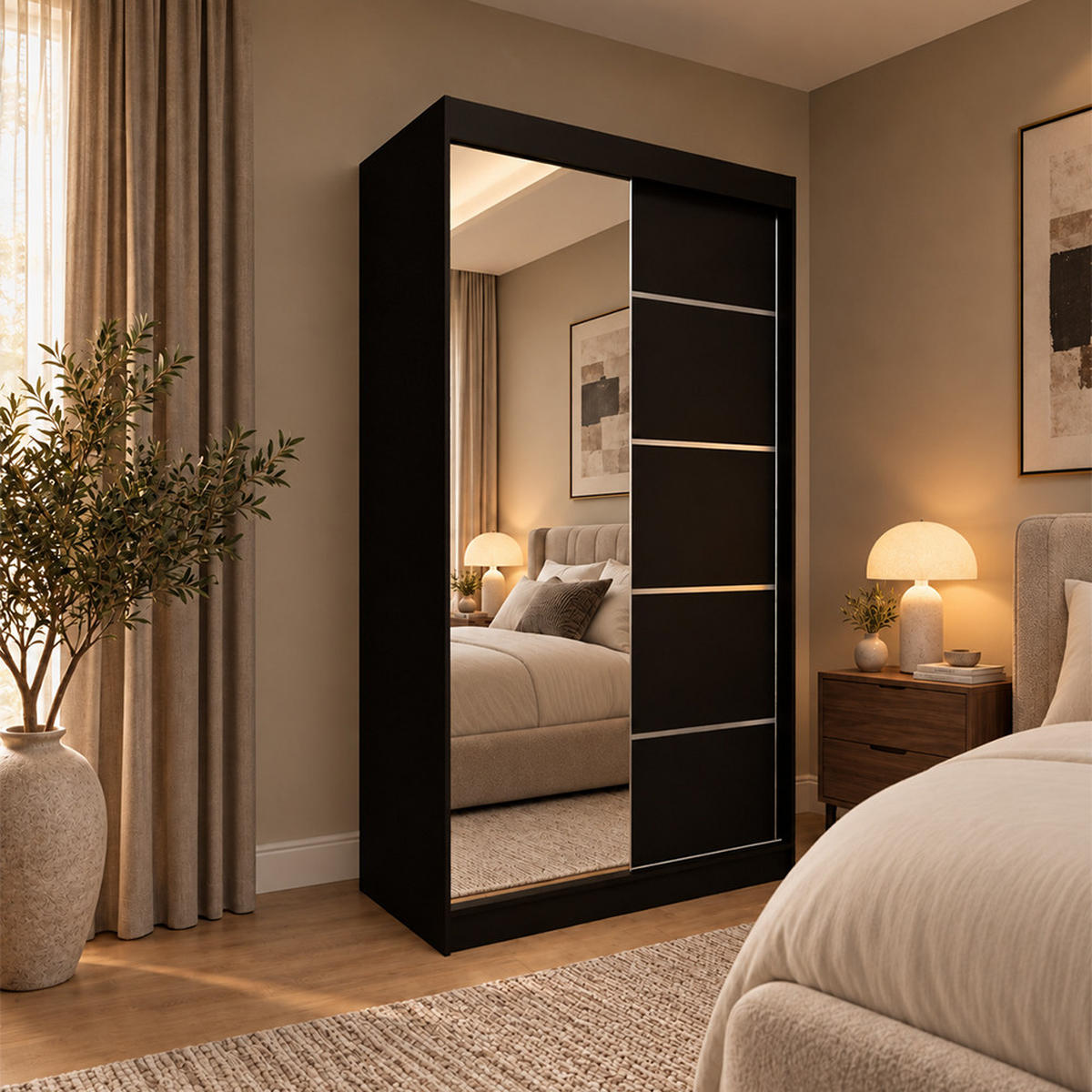 KLEIDERSCHRANK Malika 120 cm Schwarz Spiegel 2 Schubl. Griffe silber - Schwarz, Holzwerkstoff (120/216/61cm) - KS Home Concept