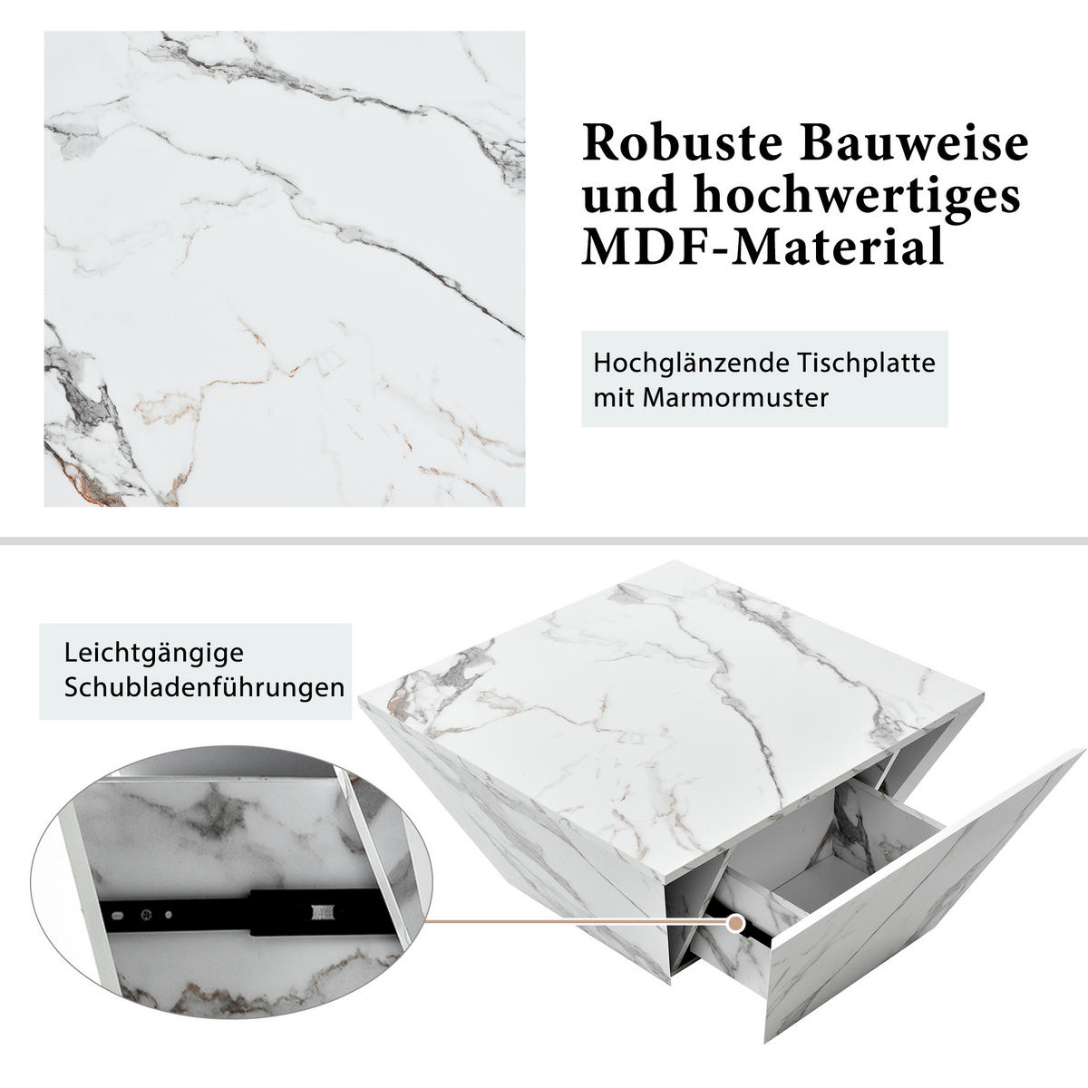 COUCHTISCH 70/70/37 cm trapezförmig in weißem Marmormuster - Weiß, Holzwerkstoff (70/70/37cm) - OKWISH