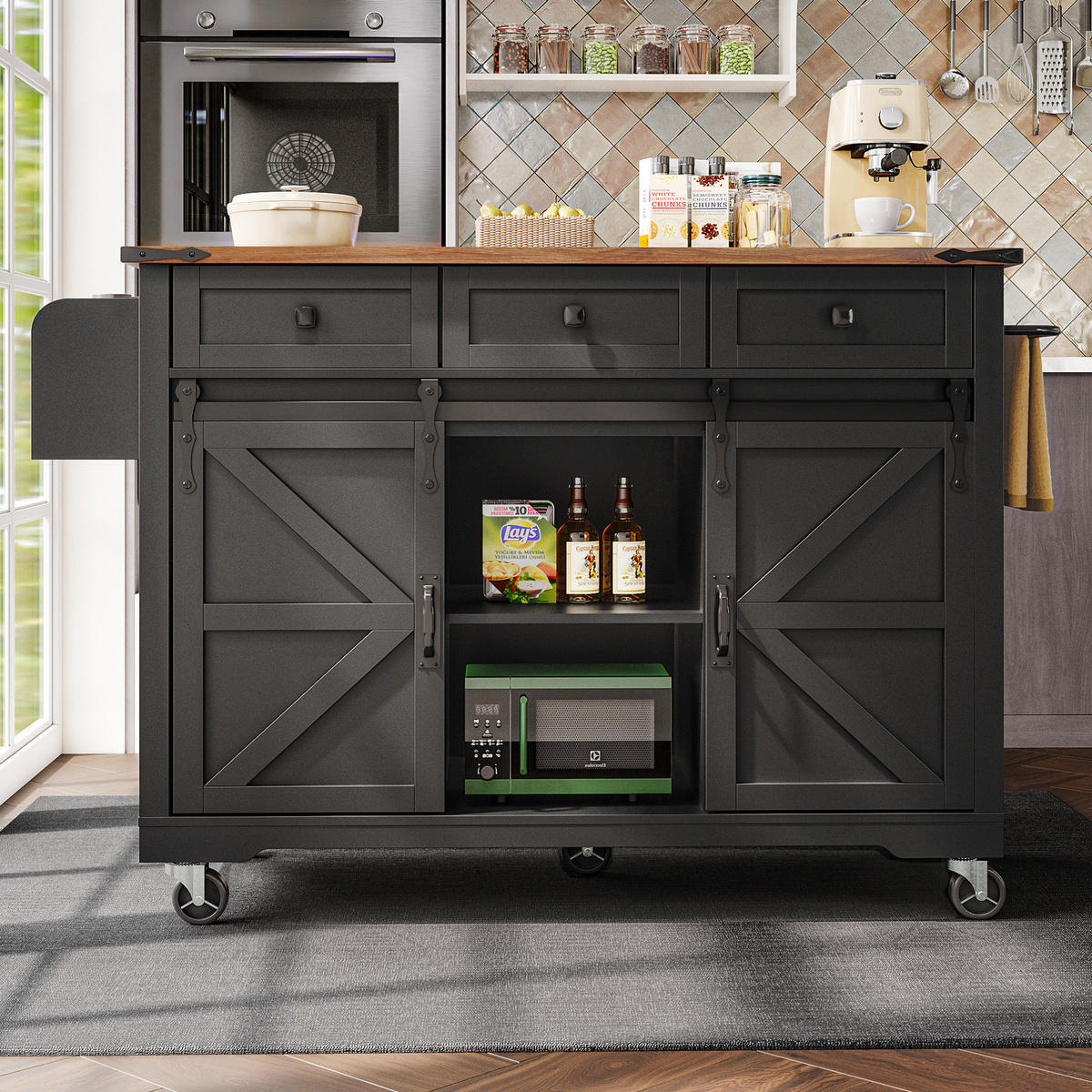 KÜCHENINSEL 140/45/94 cm aus MDF mit ausklappbarer Arbeitsplatte Schwarz - Schwarz, Holzwerkstoff (140/94/73cm) - Modenvie