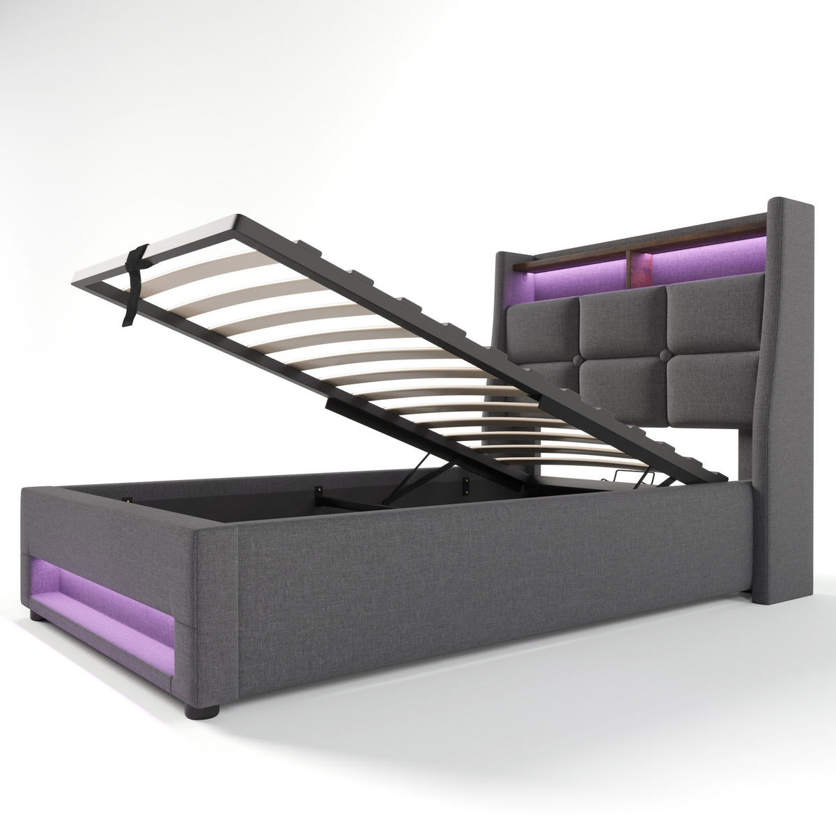 POLSTERBETT aus Leinen 90x200 cm in Grau mit LED-Beleuchtung & USB - Grau, Textil (90/200cm) - Modfu