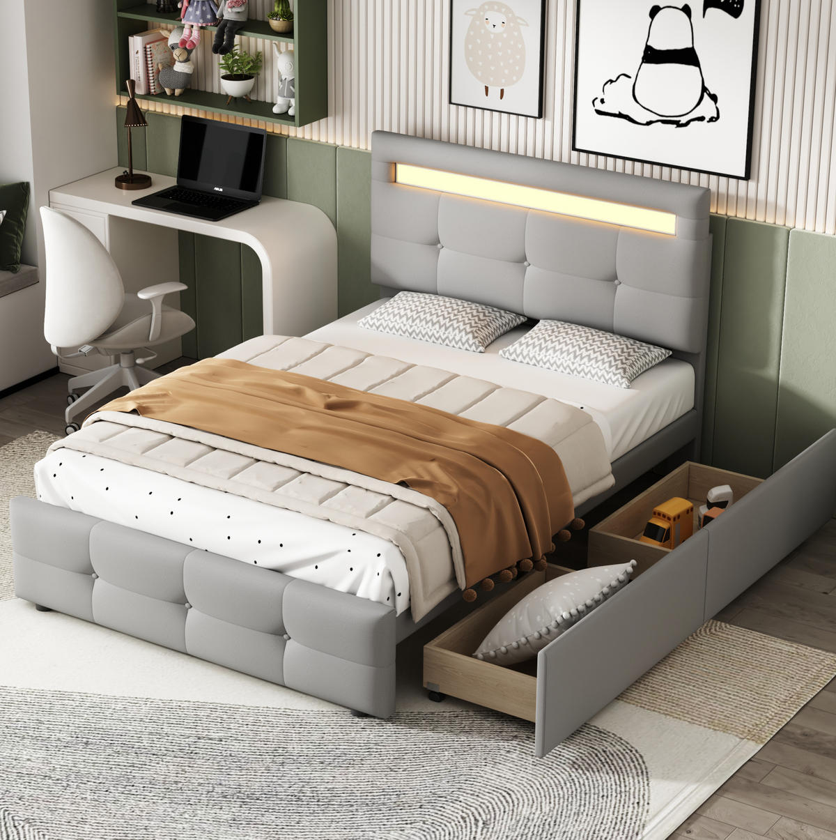 POLSTERBETT aus Polsterstoff 90x200 cm in Grau mit LED & 2 Schubladen - Grau, Textil (90/200cm) - Modfu