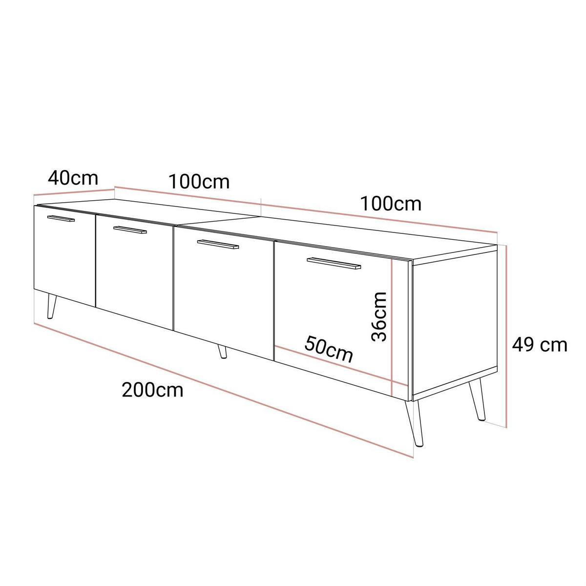 TV-ELEMENT AURA 200 KASCHMIR Hochglanz auf schrägen schwarzen Beinen + LED - Kaschmir/Schwarz, Holzwerkstoff (200/49/40cm) - Lookway
