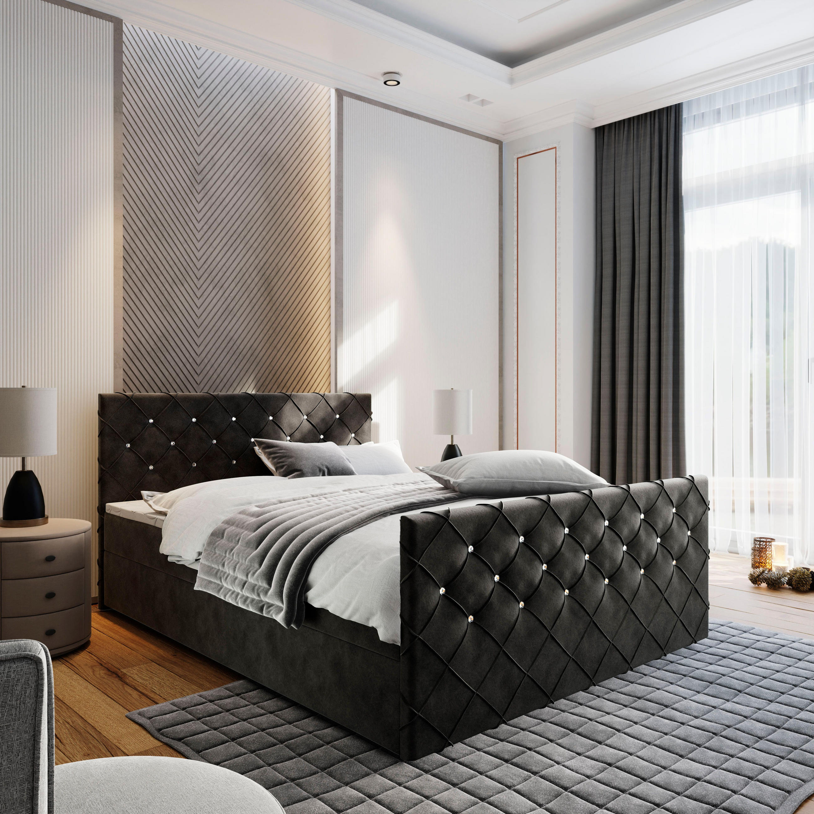 BOXBETT MANDI 180x200 cm mit Matratze und Topper - Schwarz - Schwarz, Holz (180/200cm) - MASSENO