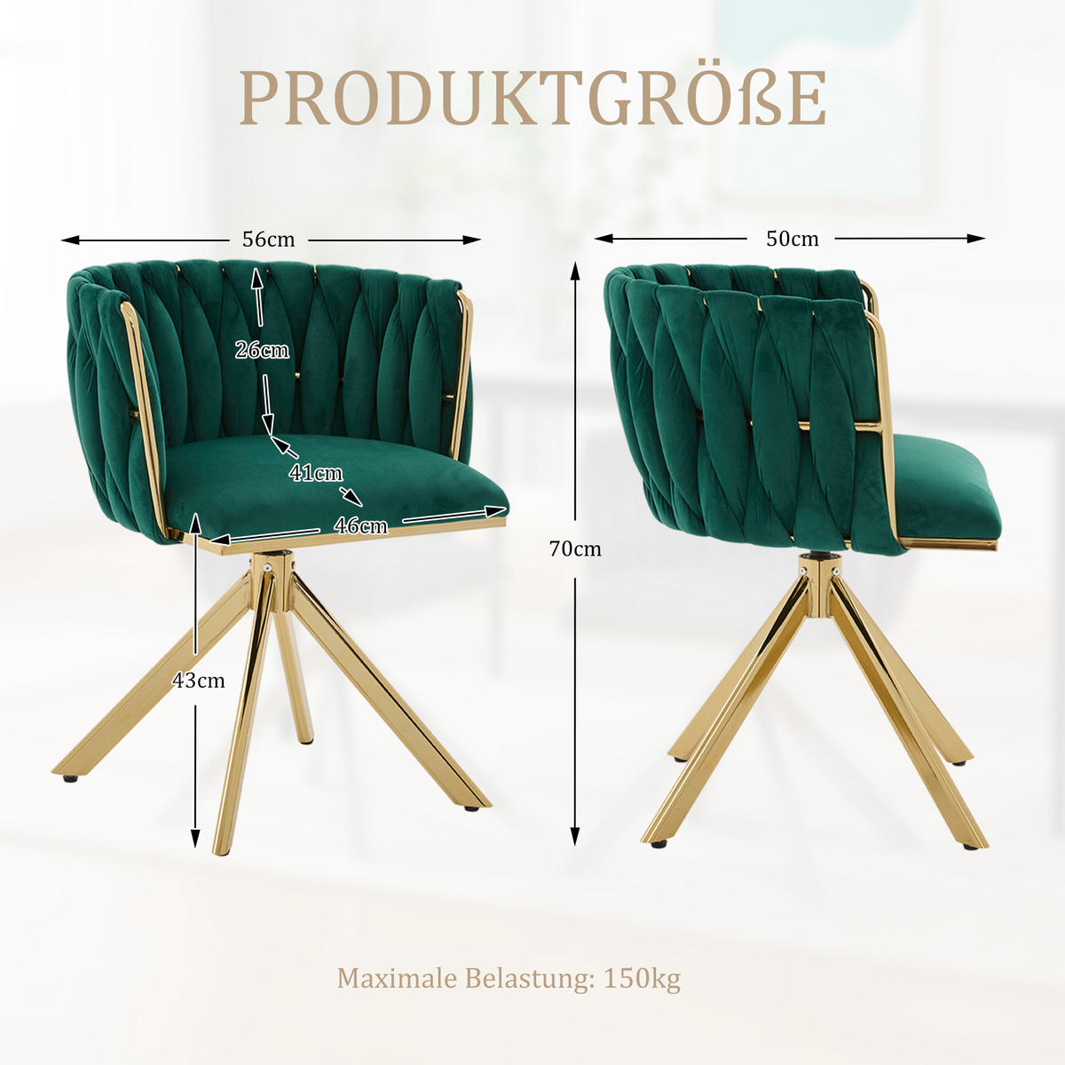 ARMLEHNSTUHL(SET à 2 Stück) mit Metallgestell - ergonomische Rückenlehne und 180° Schwenkfunktion - Smaragdgrün - Dunkelgrün, Textil/Metall (50/70/56cm) - KOMHTOM