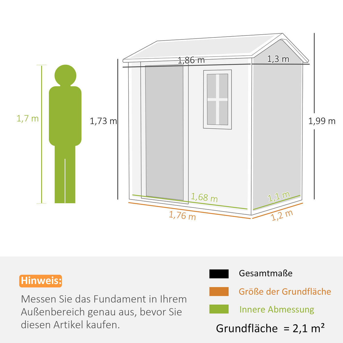 GERÄTEHAUS Kunststoff 2,1m² 186 x 130 x 199cm Geräteschuppen mit Satteldach - Grau, Kunststoff (130/199/186cm) - Outsunny