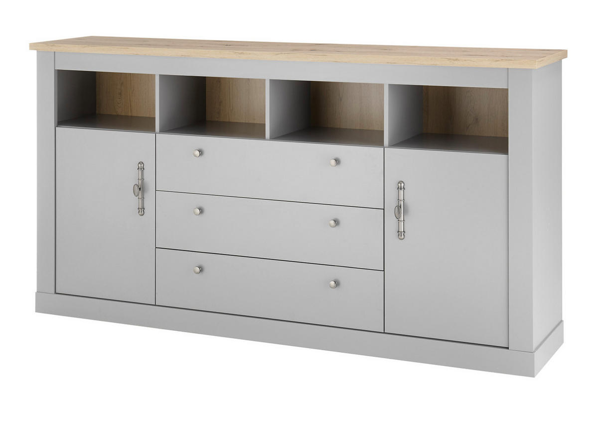 SIDEBOARD grau, Artisan Eiche Landhaus, Kommode 198 x 104 cm - Silberfarben/Hellgrau, Holzwerkstoff/Metall (198/104/44cm) - Furn.Design
