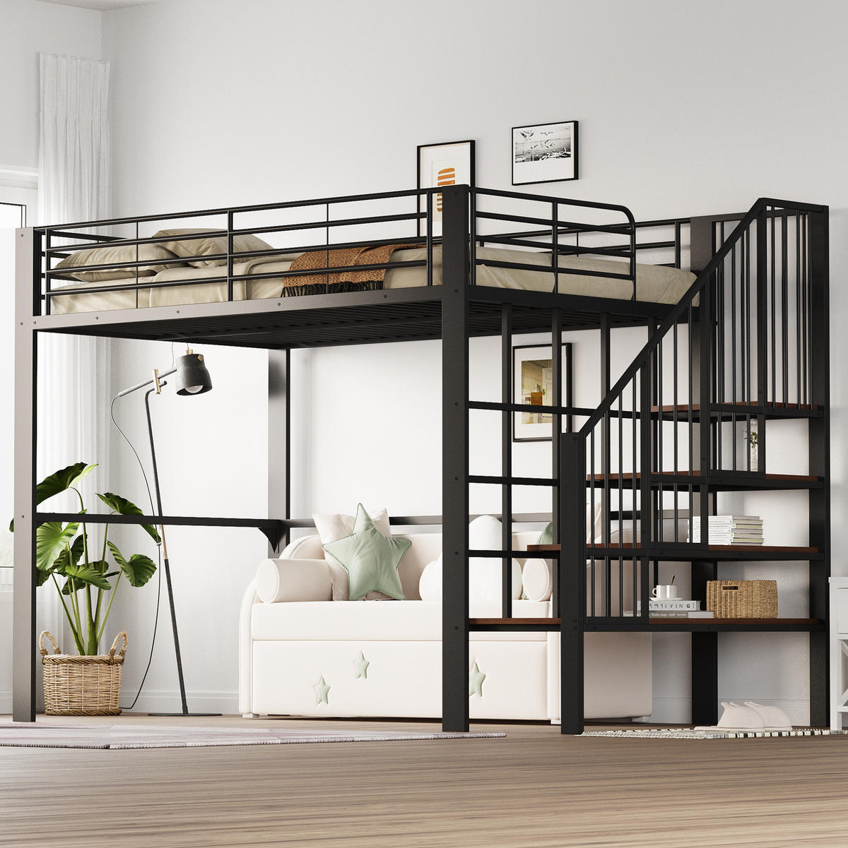 HOCHBETT 140/200 cm aus Metall in Schwarz – mit Treppe und Stauraum - Schwarz, Metall (140/200cm) - BEAOK