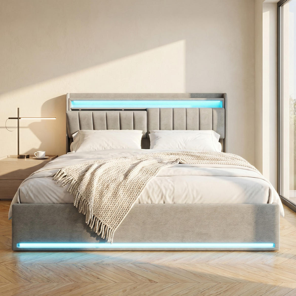POLSTERBETT 140/200 cm grau mit Stauraum, LED und USB - Grau, Holz - SHOPENTRA
