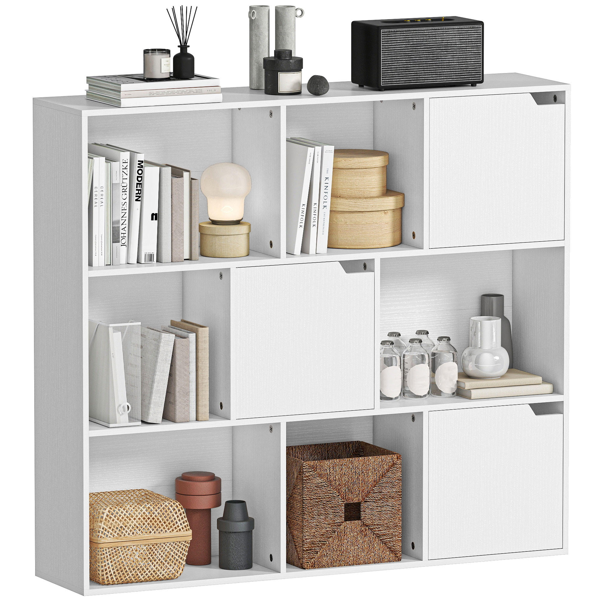 BÜCHERREGAL DE-09377 9 Würfel mit 3 Türen Weiß - Weiß, Holzwerkstoff (24/95/106cm) - ComfortXL