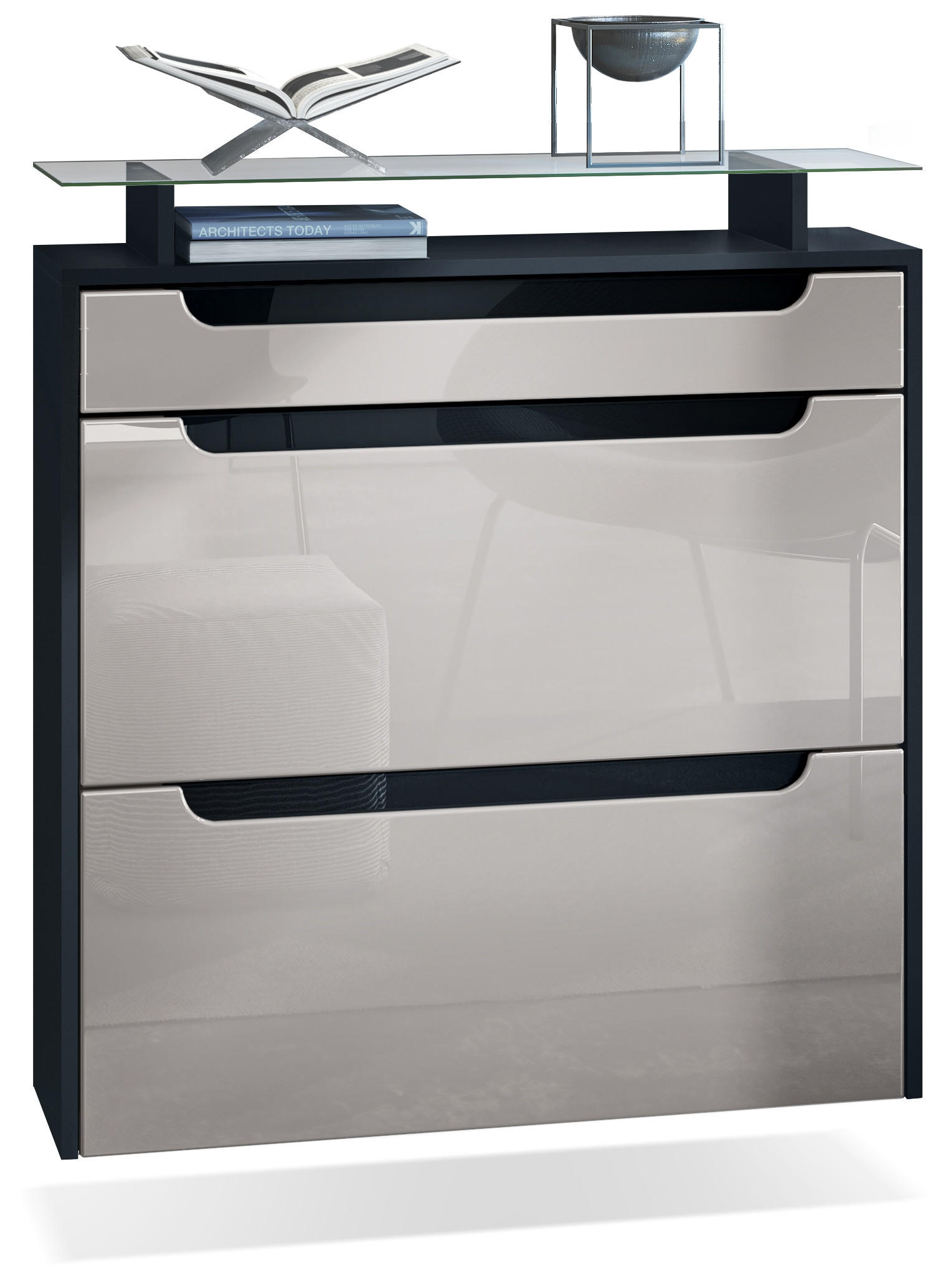 SCHUHSCHRANK Annie Sandgrau Hochglanz / Schwarz Hochglanz - Sandfarben/Schwarz Hochglanz, Holzwerkstoff (89/96/23cm) - Vladon
