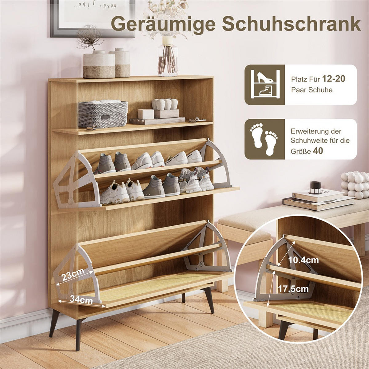 SCHUHSCHRANK im skandinavischen Design - Kipp-Schuhkipper mit 2 Klappen und dekorativem Geflecht - Eichefarben, Holzwerkstoff (24/99/80cm) - DELFA