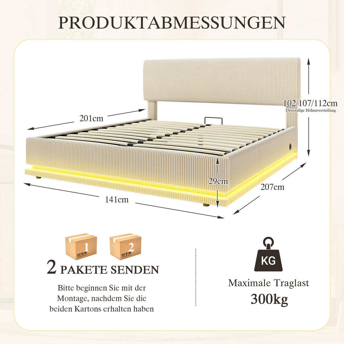 POLSTERBETT 140x200 cm LED USB Stauraum beige - Beige, Textil (140/200cm) - LEBENLANG