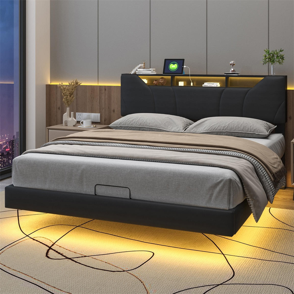POLSTERBETT 160x200 cm mit LED-Beleuchtung und USB-Ladefunktion - aufklappbarem Kopfteil &hydraulischem Bettkasten - Schwarz, Textil (160/200cm) - DELFA