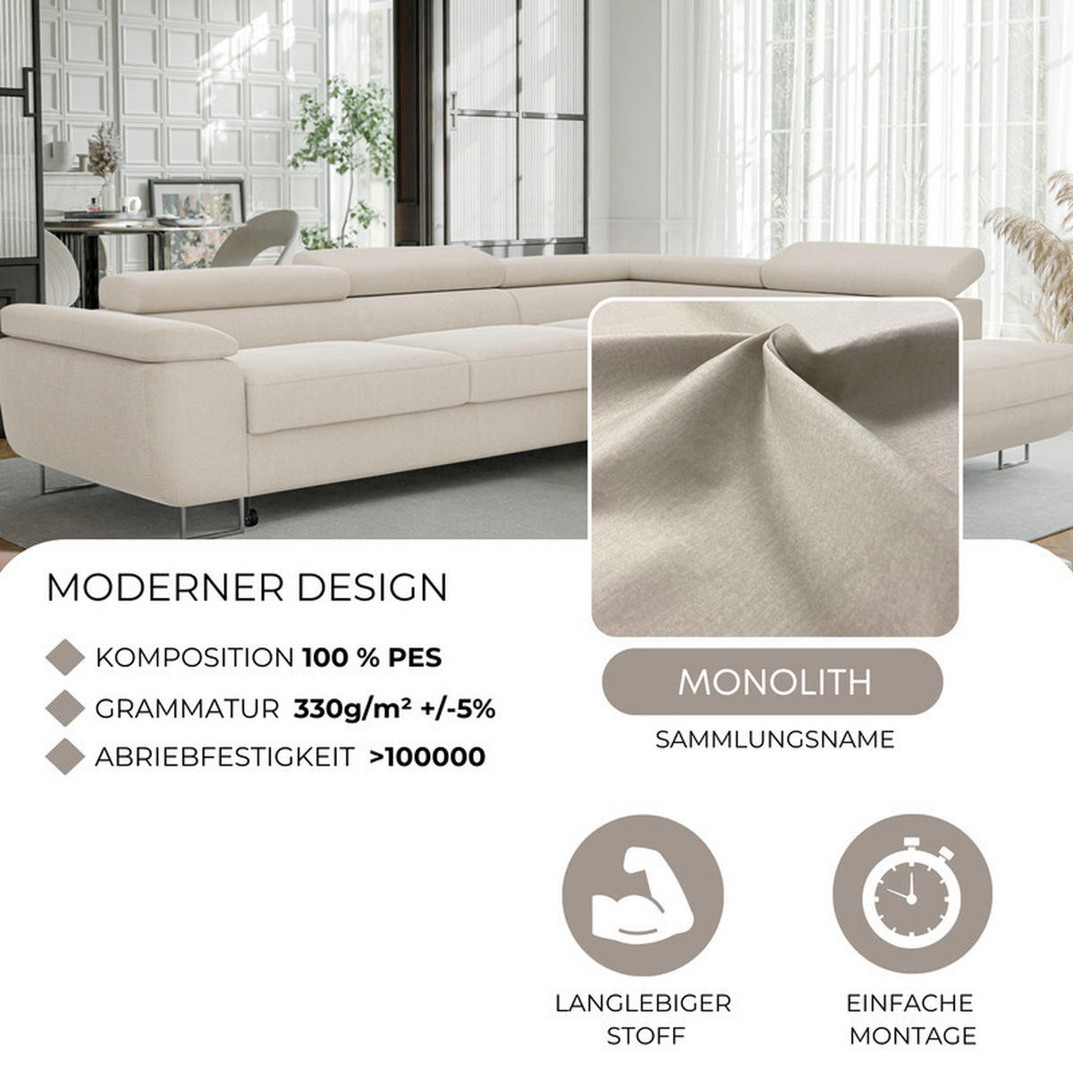 ECKSOFA ANTON mit Schlaffunktion und Bettkasten Creme - Creme, Holzwerkstoff/Kunststoff (274/203cm) - Idohome