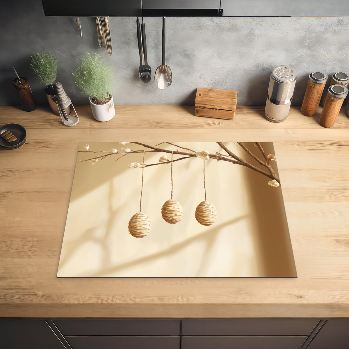 HERDABDECKPLATTE Beige - Osterkuchen - Eier Herdabdeckung Induktionsfeld 65x52 cm - Beige, Kunststoff (65/52/0.2cm) - MuchoWow