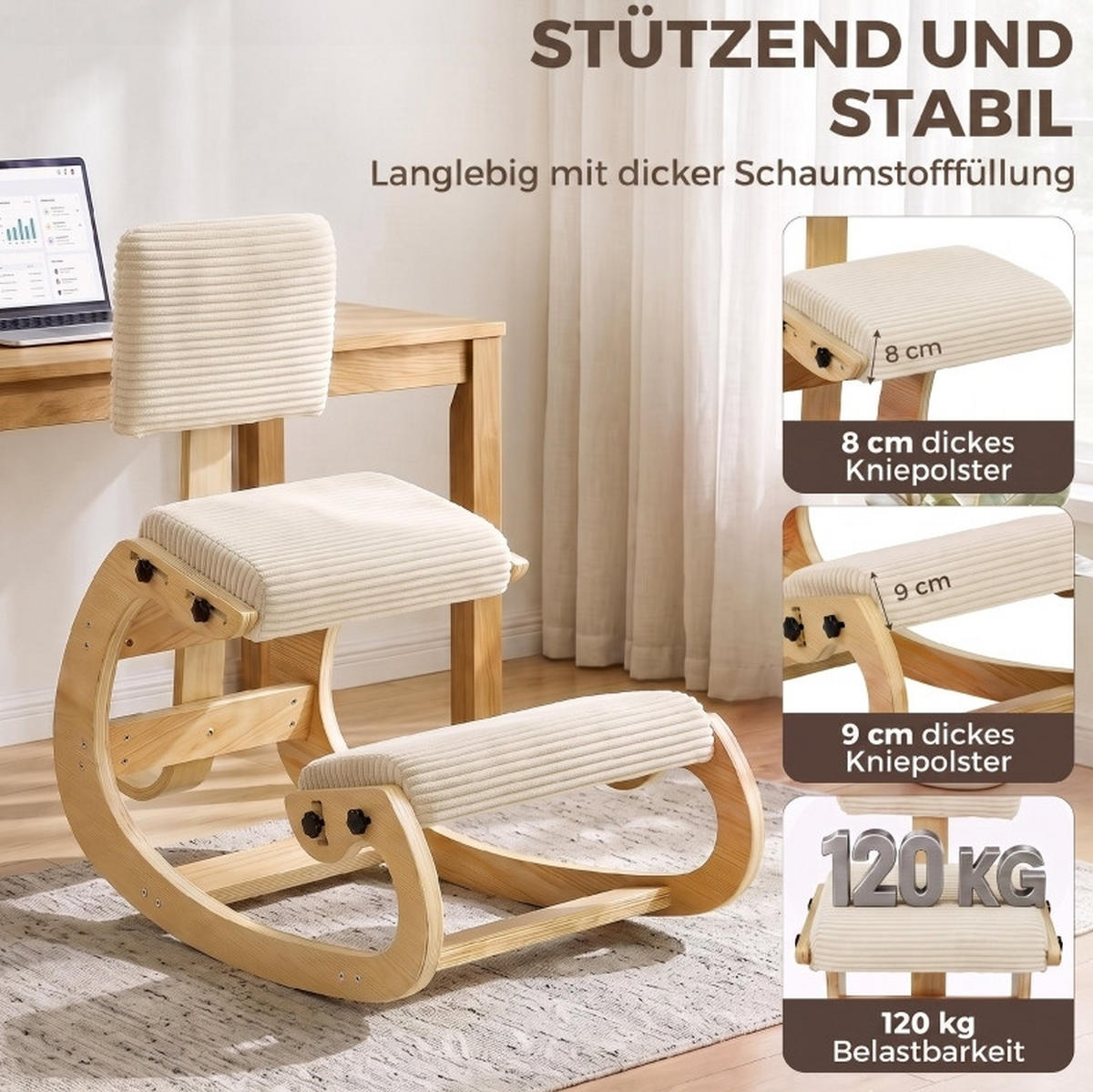 KNIESTUHL in Cremeweiß 54x98x86 cm mit Rückenlehne und Schaukelfunktion - Creme, Textil (98/86/54cm) - IVMEU