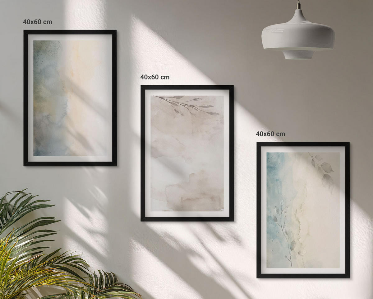BILDER SET 3er Set - 40x60 cm Schwarzer Rahmen - Zarte Aquarellkartons - Schwarz, Kunststoff (40/60cm) - TULUP