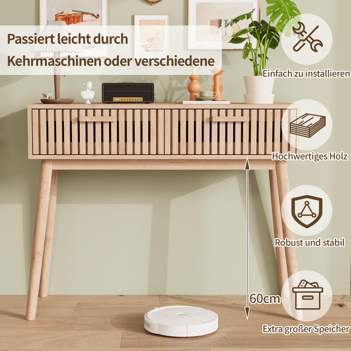 BEISTELLTISCH Massivholz natur, 2 Schubladen, offenes Fach, modern - Naturfarben, Holz (35/100/80cm) - EuroLiving