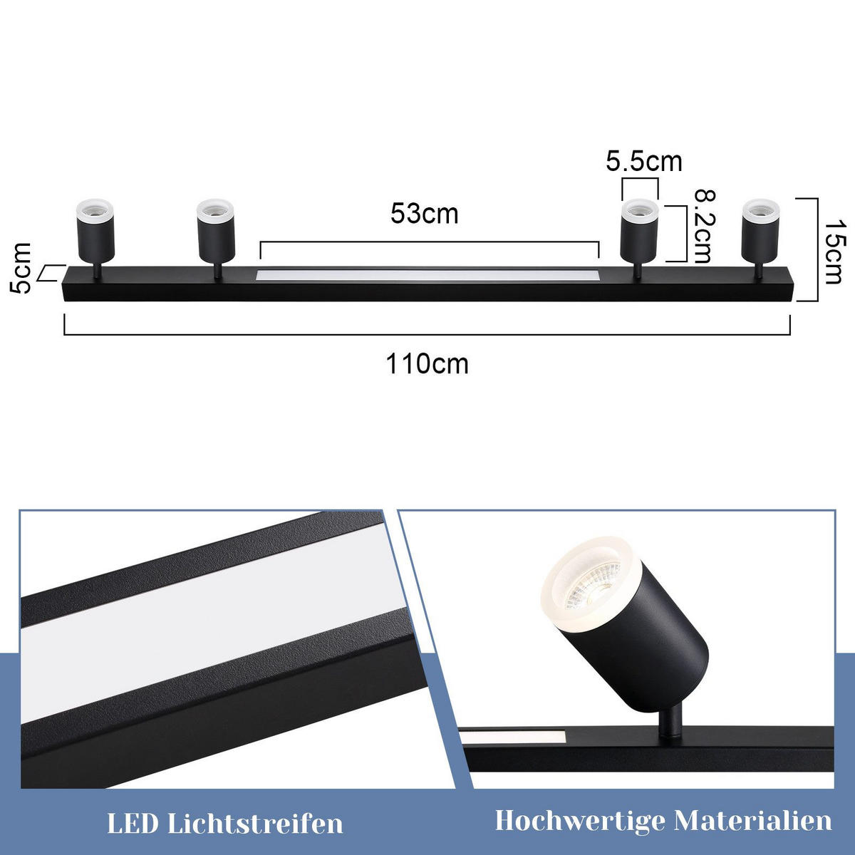 DECKENLEUCHTE Boden 4-flammig 110/5/15 cm - Schwarz, Kunststoff (110/5/15cm) - Nettlife