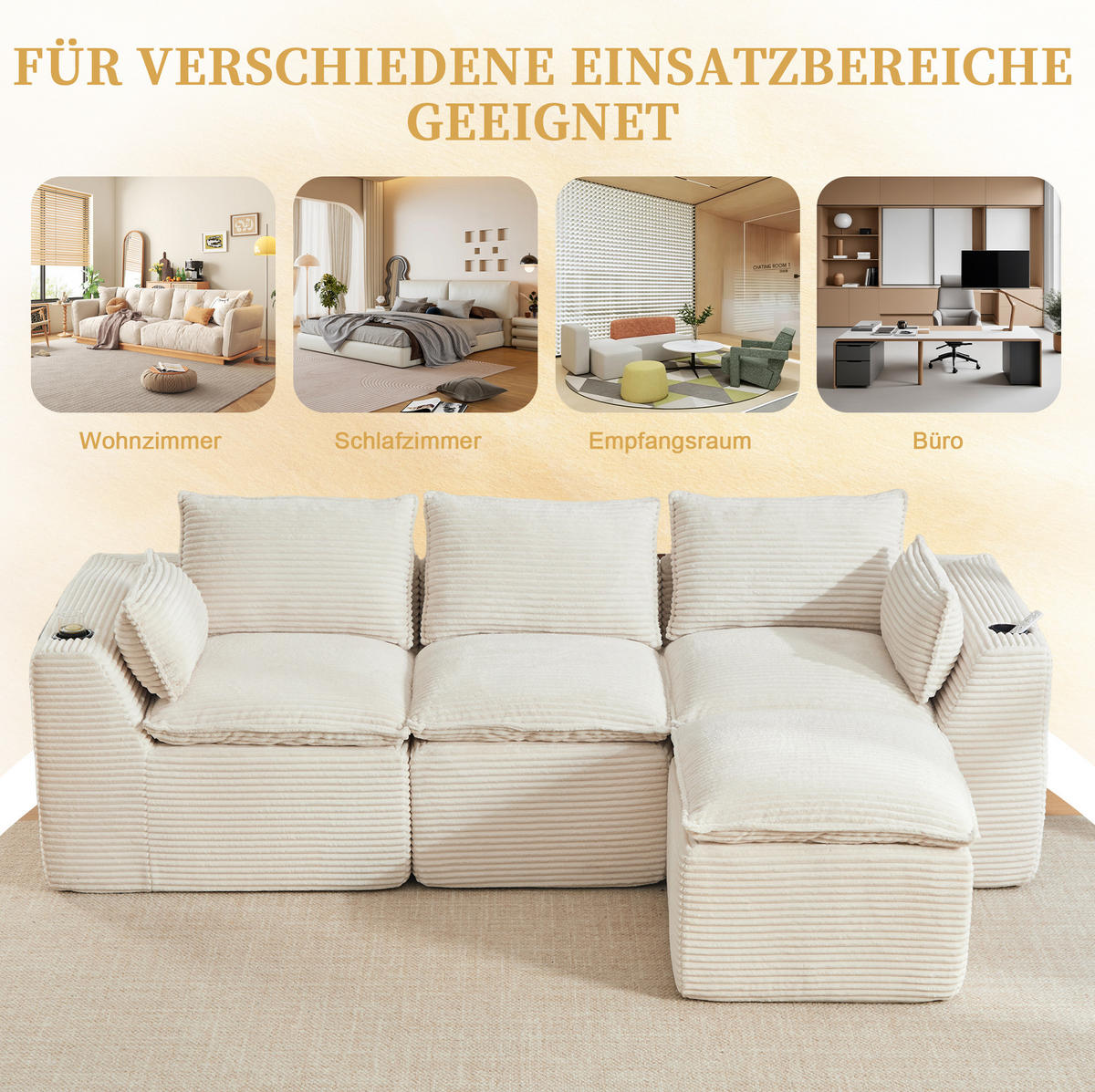 ECKSOFA 256/161/75 cm beige aus Corduroy mit Seitentaschen und Kissen - Beige, Textil (161/256cm) - OKWISH