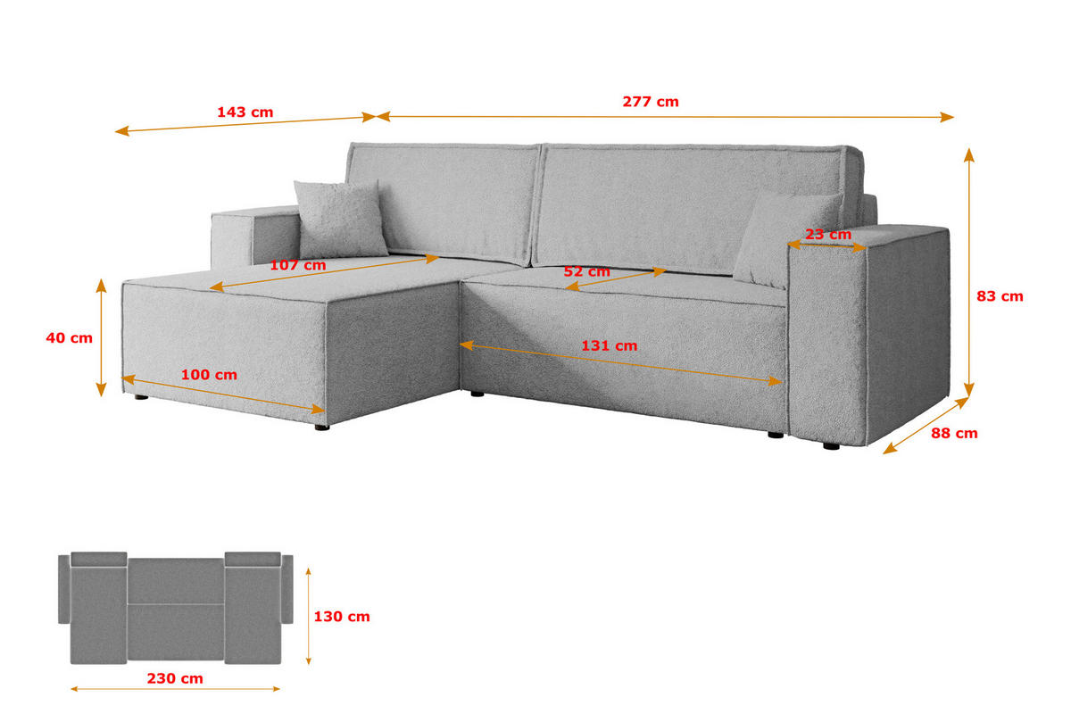 ECKSOFA mit Schlaffunktion und Bettkasten CELTIC-XL - 277x143x83 cm Hellgrau Bouclé - Hellgrau/Schwarz, Holzwerkstoff/Kunststoff (277/143cm) - ALTDECOR