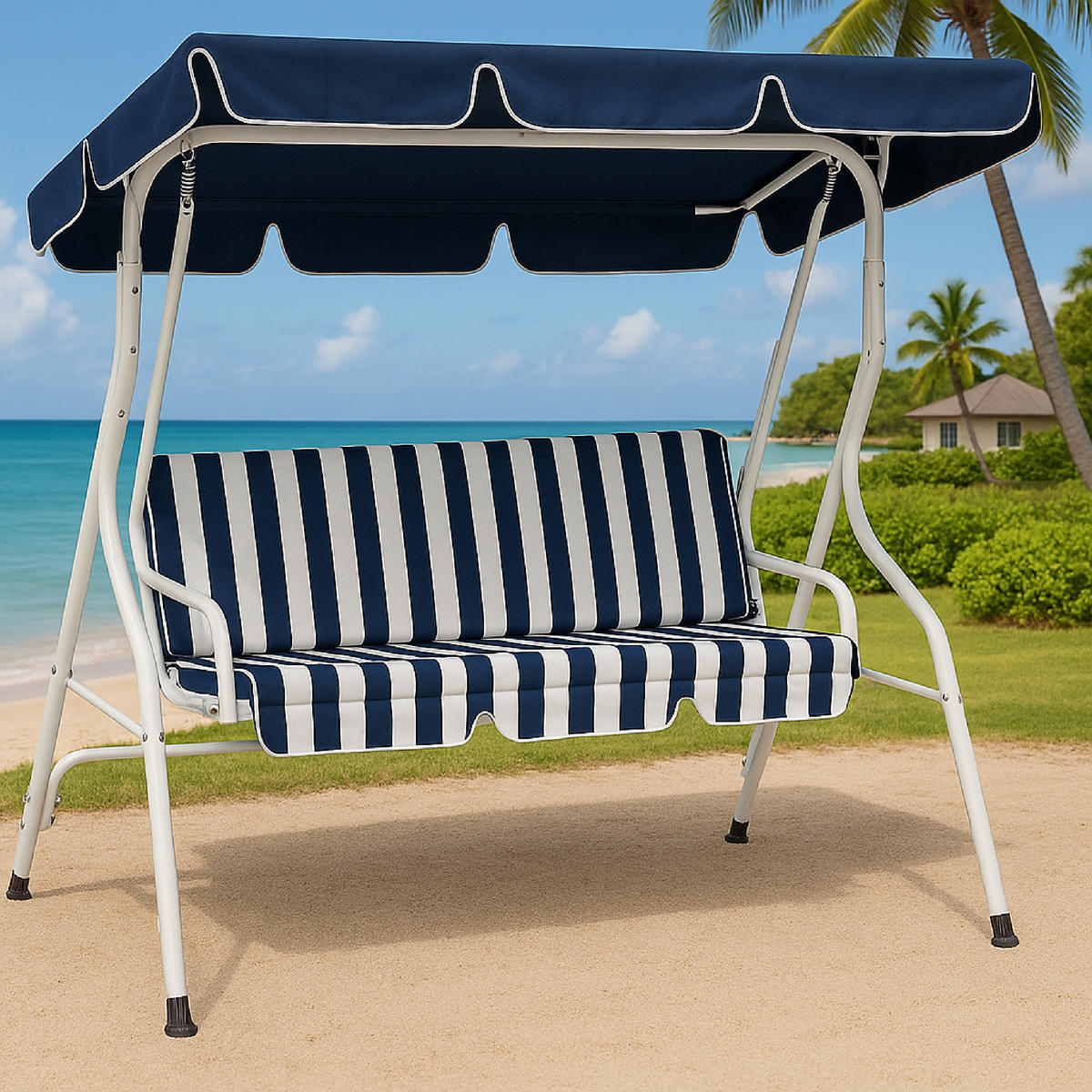 HOLLYWOODSCHAUKEL Florenz, 3-Sitzer Gartenschaukel, 170 cm, Farbe: Weiss / blau - Blau, Metall (170/153/110cm) - TPFGarden