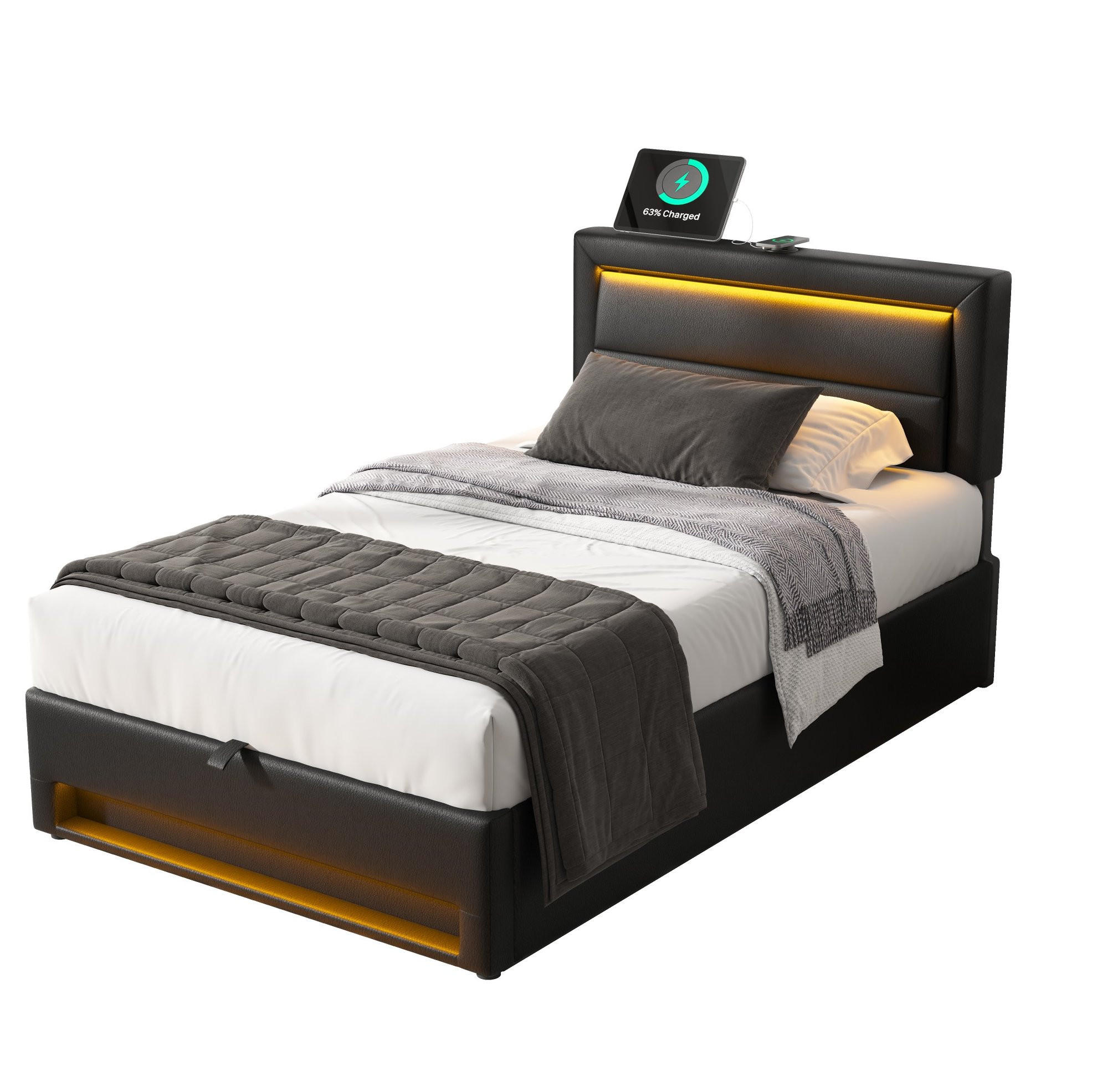 POLSTERBETT 90/190 cm Schwarz aus PU mit LED-Beleuchtung und Stauraum - Schwarz, Kunststoff (90/190cm) - OKMYHOME