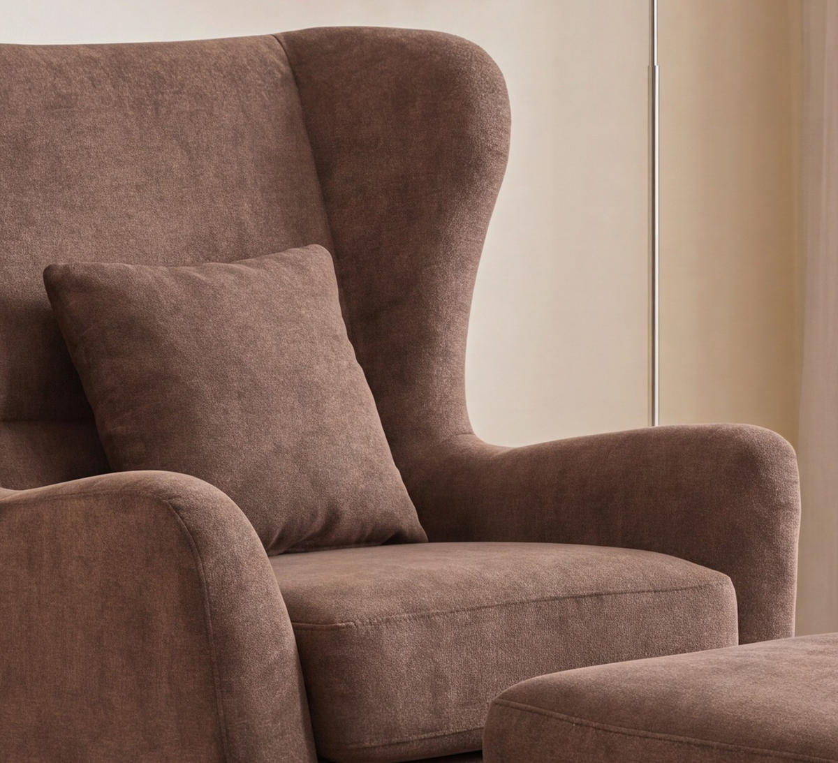 OHRENSESSEL mit HOCKER, hoher Sitzkomfort durch Taschenfederkern, Mikrofaser Braun / 16147 - Schwarz/Braun, Holz/Textil (89/95/79cm) - luma-home