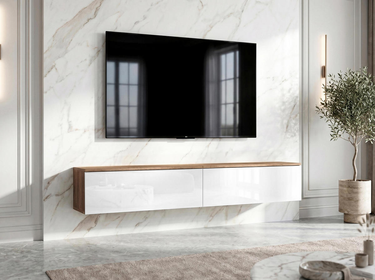 LOWBOARD Barvo 2x100 Eiche Wotan / Weiß Hochglanz 200/34/32 cm – hängendes TV-Board - Braun/Weiß, Holzwerkstoff (200/34/32cm) - AX Living