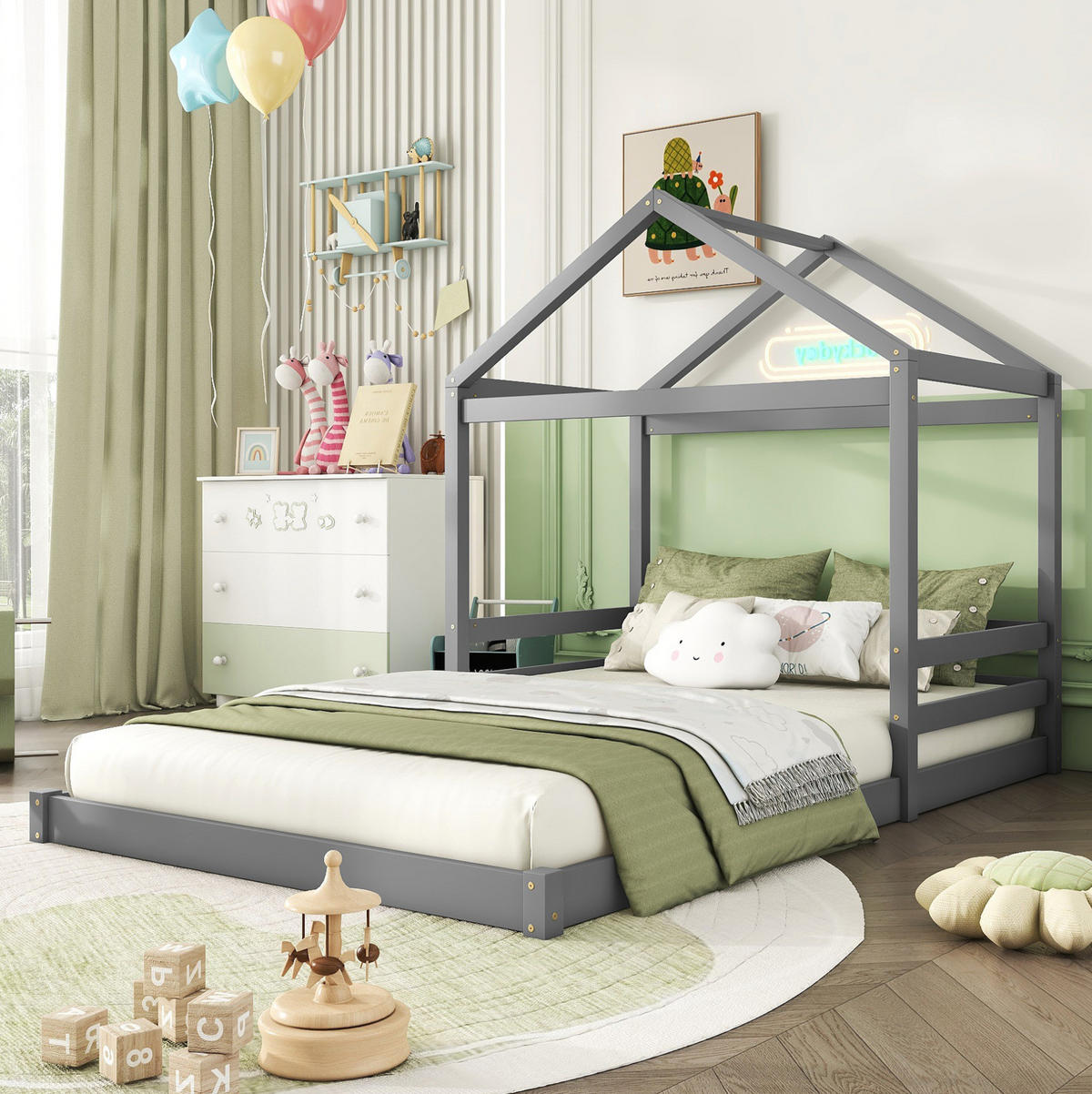 HAUSBETT aus Kiefernholz und MDF 140x200 cm Grau mit Lattenrost in Hausform - Grau, Holzwerkstoff (140/200cm) - Modfu