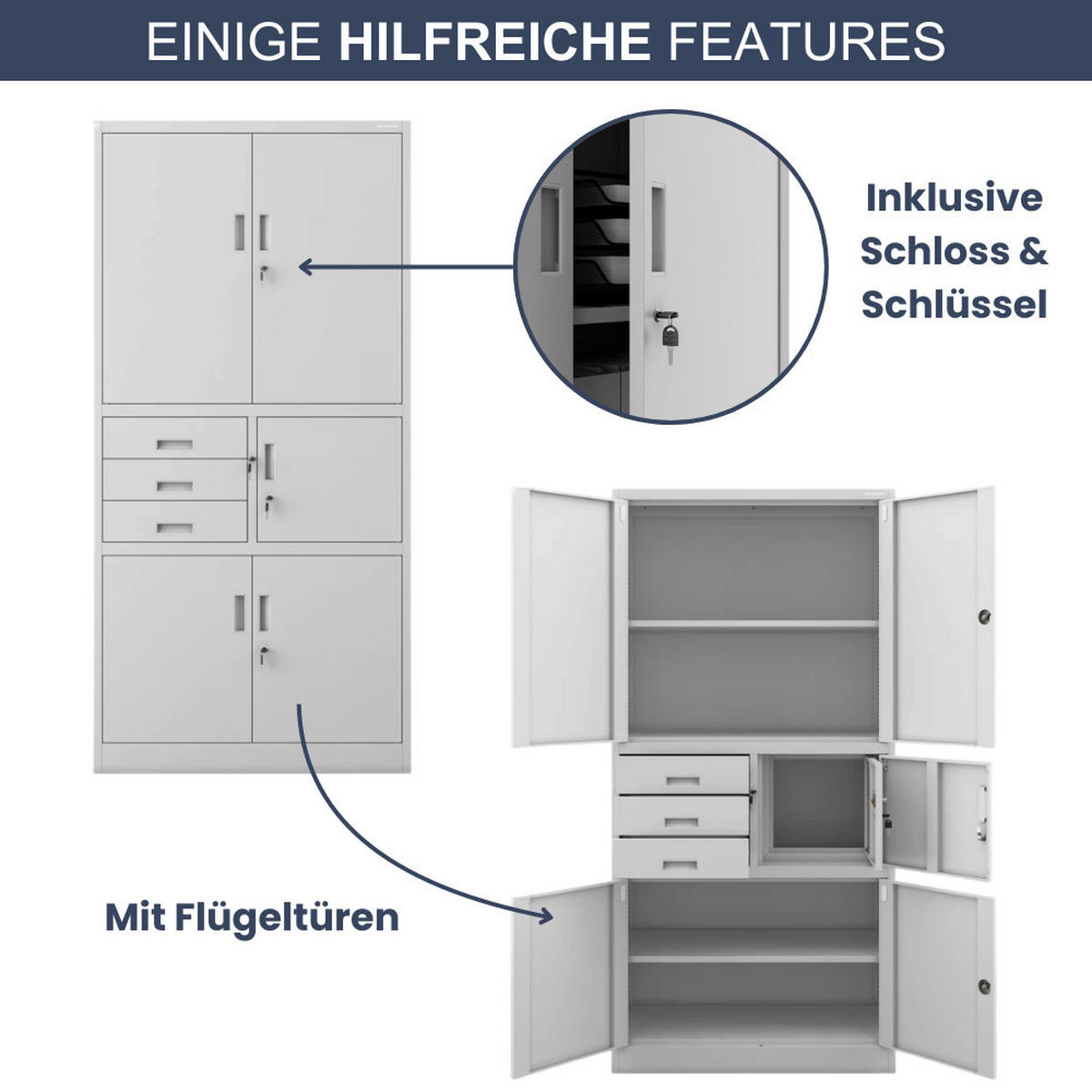 AKTENSCHRANK abschließbar GEDO mit Tresor 185x90x40cm Grau - Grau, Metall (90/185/40cm) - DELUKE