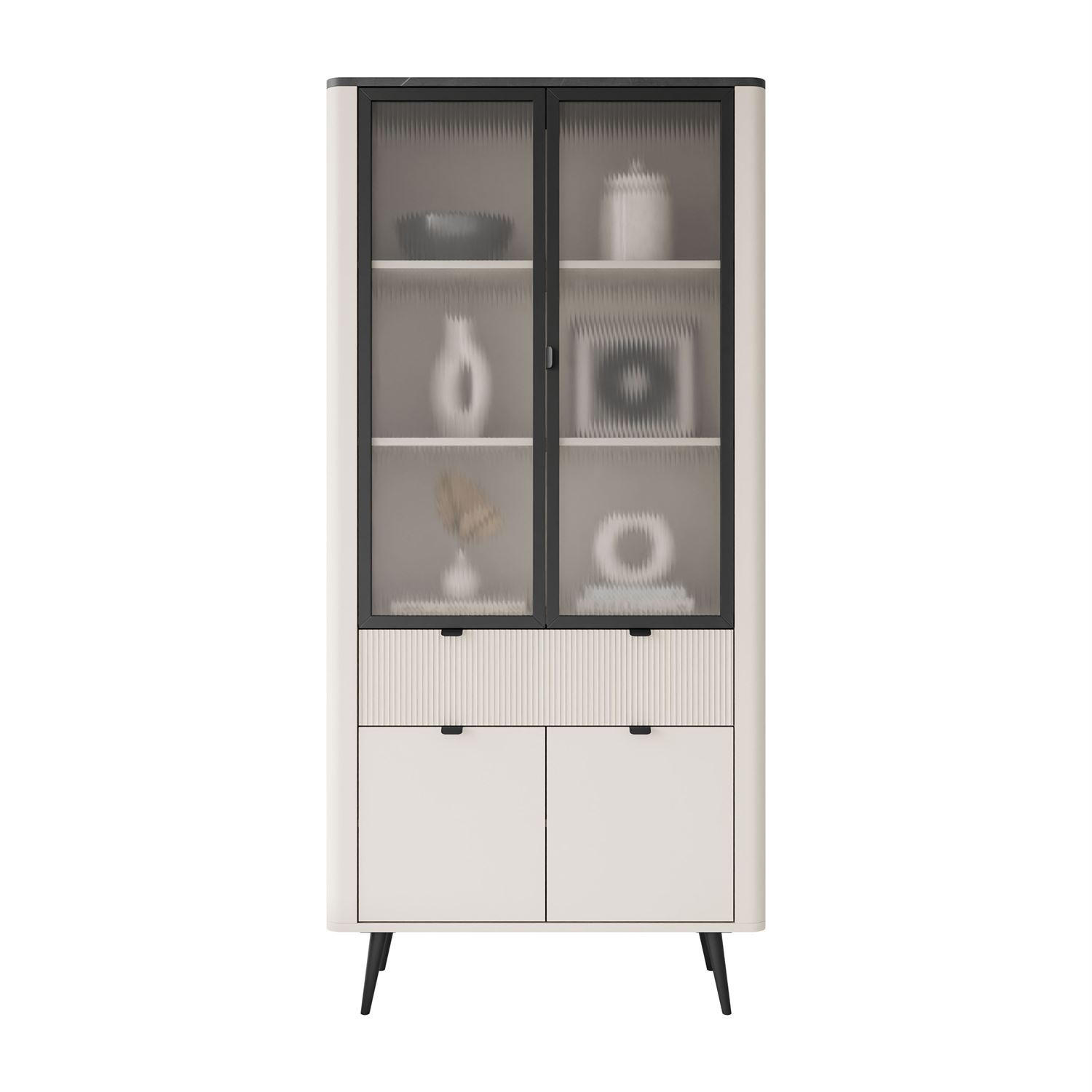 BREITE Vitrine AUTUMN 2D2W1S mit Schublade, Kaschmir / Grauer Stein - Beige, Holzwerkstoff (90/191/40cm) - Lookway