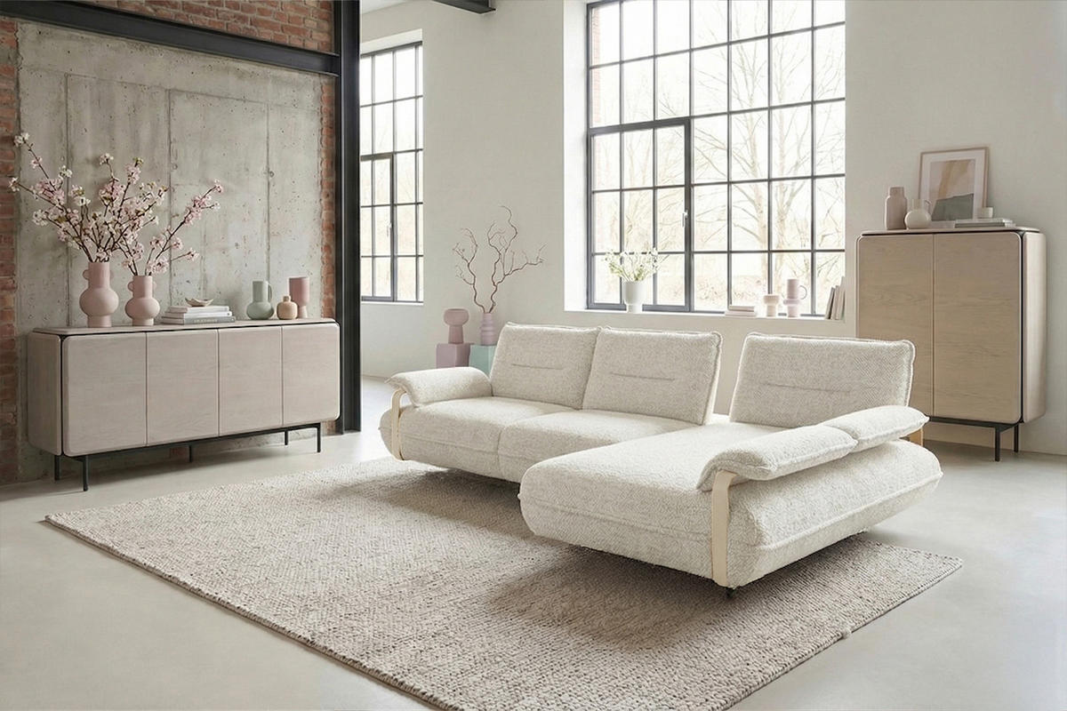 ECKSOFA ANISSA Cremeweiß Flachgewebe - Creme/Schwarz, Kunststoff/Textil (185/297cm) - KAWOLA