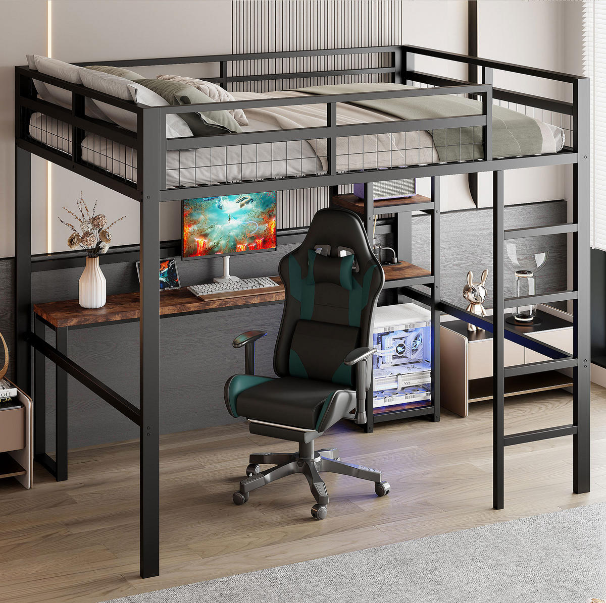 HOCHBETT 140/200 cm aus Metall mit Schreibtisch, Regalen und USB- und Type-C-Anschlüssen - Schwarz, Metall (140/200cm) - Flora Grace