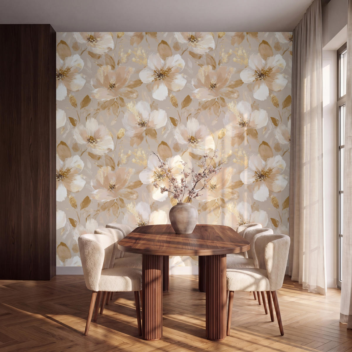 TAPETE - Blumen - künstlerisch - Gold - 280x280 cm - Beige, Papier (280/280cm) - OnlyWow